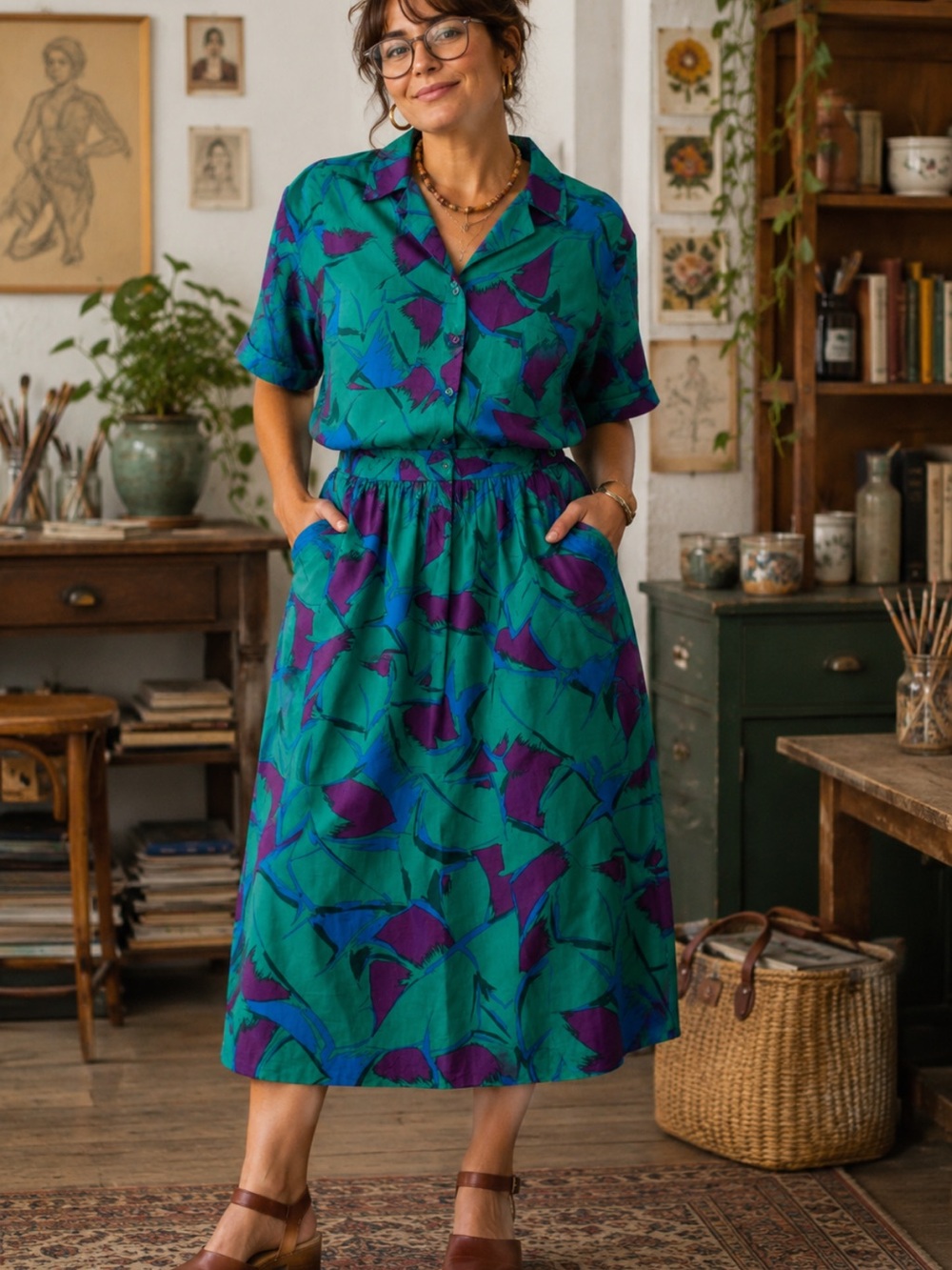 Vintage 80s Personal Abstract Print Skirt Set